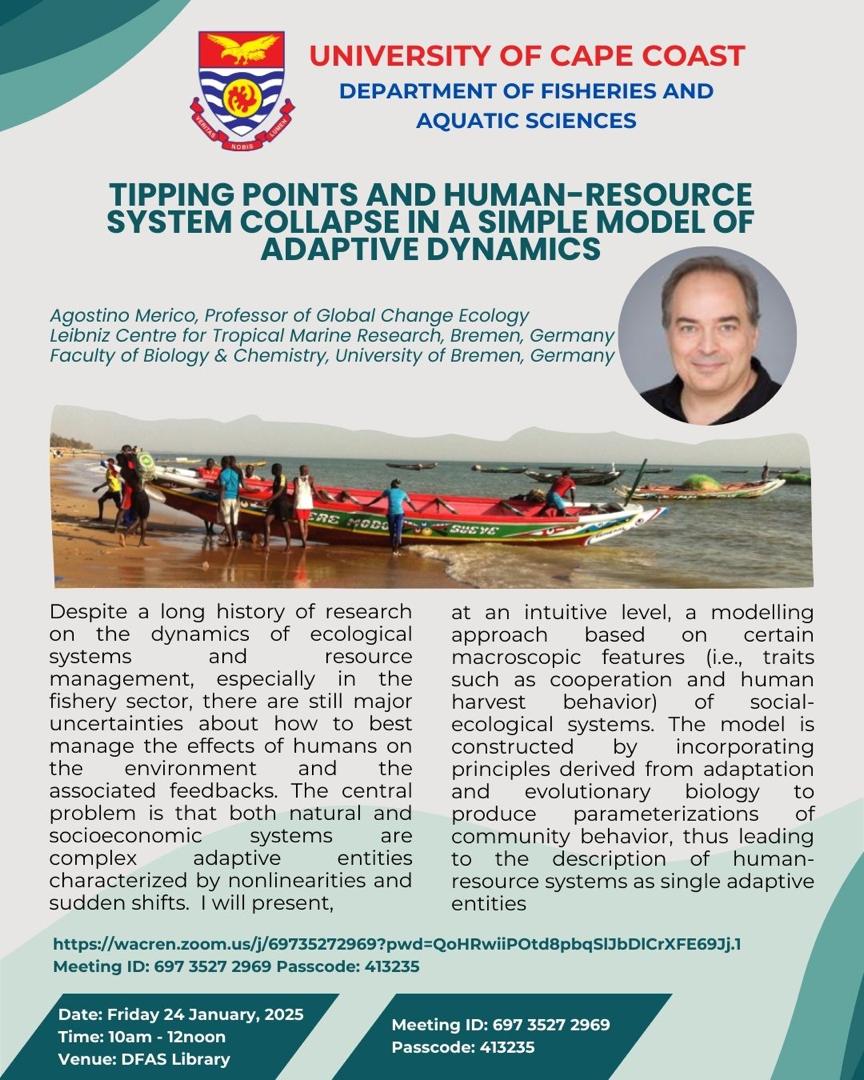 Flyer promoting a seminar on the topic of “Tipping points and human resource system collapse in a simple model of adaptive dynamics”. 