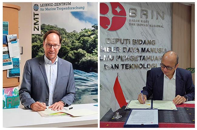 Left photo:  A man wearing a light blue suit jacket, white shirt, and glasses is standing at a desk, smiling and holding a pen as he signs a document. Right photo: GPT Icon  A man wearing glasses, a dark blue suit, and a white shirt is seated at a table, signing documents with a blue pen.