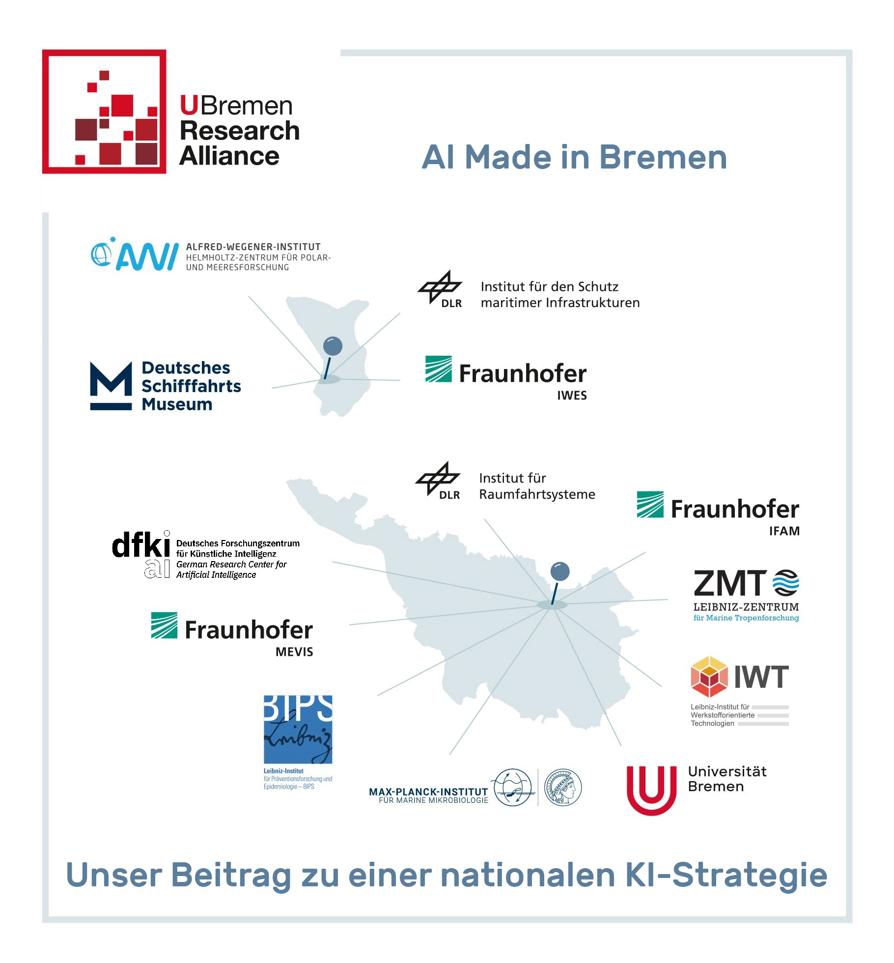  Grafisch vereinfachte Karte von Bremen und Bremerhaven, auf der Umrisse der beiden Bundesländer zu sehen sind und rundherum die Logos der Mitgliedseinrichtungen der U Bremen Research Alliance angeordnet sind.