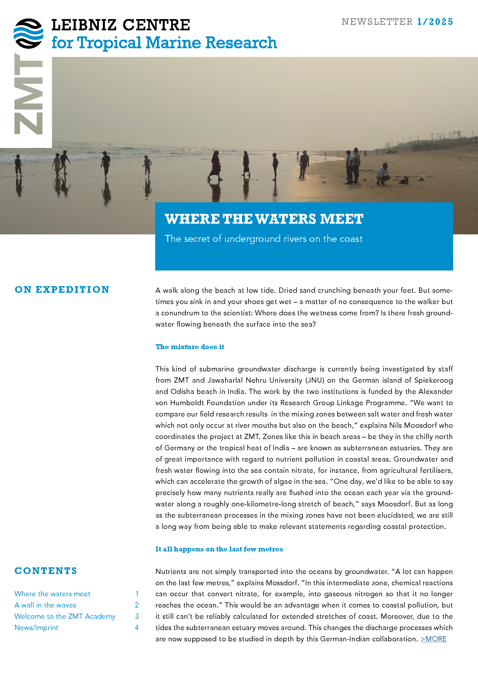 A newsletter from the Leibniz Centre for Tropical Marine Research (ZMT), titled "Newsletter 1/2025." The top half features a large photograph of a beach at low tide with several people walking and standing on the wet sand, silhouetted against the hazy sky. The title "WHERE THE WATERS MEET" is displayed in a bold blue box, with the subtitle "The secret of underground rivers on the coast." Below, the article discusses submarine groundwater discharge and a collaborative research project between ZMT and Jawaharlal Nehru University. The left column contains a blue "CONTENTS" section listing four articles. The ZMT logo and branding elements are visible at the top left.