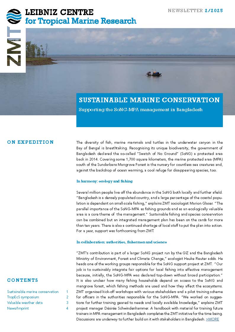 Newsletter page from the Leibniz Centre for Tropical Marine Research (ZMT), titled "Sustainable Marine Conservation: Supporting the SoNG-MPA management in Bangladesh." The layout features a header with the ZMT logo and a scenic photo of a calm bay with a small boat on the water and sparse trees on a shoreline. Below the image, blue and black text describes efforts to conserve marine biodiversity in the Swatch of No Ground (SoNG), a marine protected area in Bangladesh. The article discusses balancing fishing with ecological conservation, collaboration between local authorities and scientists, and training initiatives. A contents list on the left highlights four topics, including marine conservation and weather data.