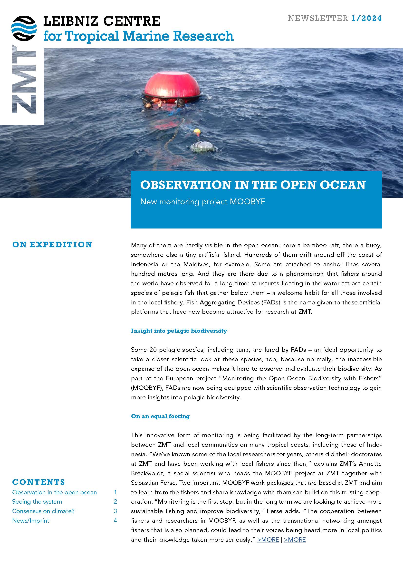 The cover of the ZMT newsletter shows a red buoy swimming in the ocean