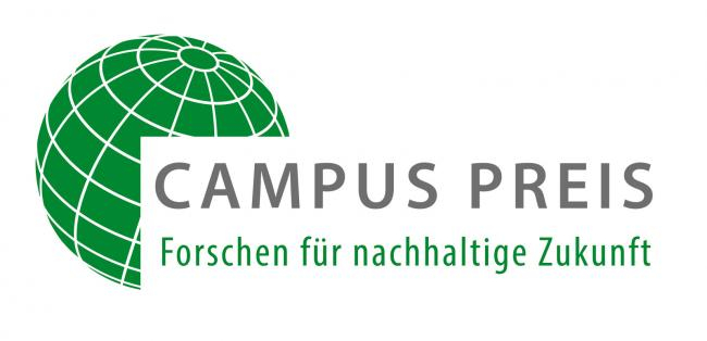 Grafik mit einer grünen Weltkugel mit weißen Linien und den Worten Campus Preis in schwarzer Schrift und darunt stehend in grüner Schrift Forschen für nachhaltige Zukunft