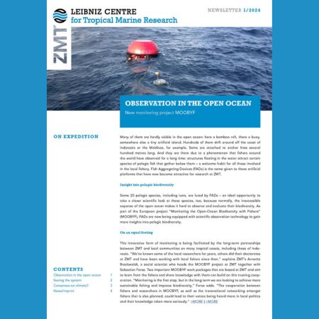 Image of the front page of a newsletter, the image on the page show a buoy in the water