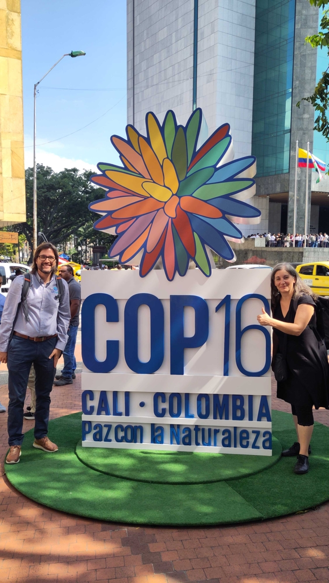 A man and a woman next to a sign with the inscription COP16, a colourful flower hangs above the sign