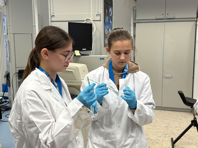 Two girls in white lab coats, wearing blue rubber gloves, look at an Eppendorf tube and a striped straw that they are holding in their hands.