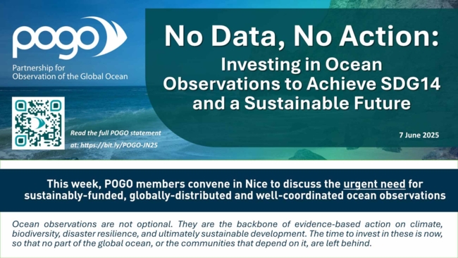 Informationsgrafik der „Partnership for Observation of the Global Ocean“ (POGO). Oben ist das POGO-Logo mit dem Text „Partnership for Observation of the Global Ocean“ zu sehen. Die Hauptüberschrift lautet: „Keine Daten, keine Maßnahmen: Investitionen in ozeanische Beobachtungen zur Erreichung von SDG14 und einer nachhaltigen Zukunft“, datiert auf den 7. Juni 2025. Im Hintergrund ist schwach eine Meereslandschaft mit felsiger Küste zu erkennen.