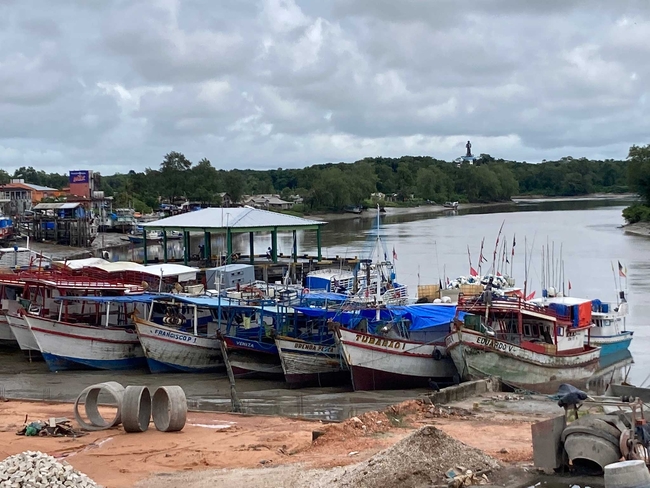 A cluster of colorful fishing boats is docked along a muddy riverbank under a cloudy sky. The boats, painted in red, blue, and white, are closely packed together