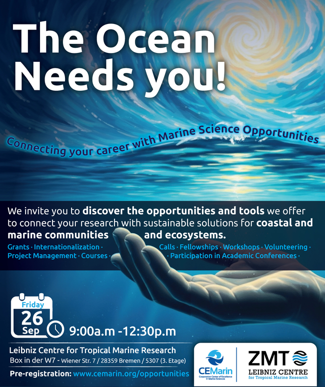 Werbeposter für eine Meereswissenschaftsveranstaltung mit der Überschrift „Der Ozean braucht dich!“ vor einem Hintergrund aus wirbelndem Wasser und leuchtender Sonne am Himmel. Im Vordergrund ragt eine Hand aus dem Wasser – ein Symbol für einen Aufruf zum Handeln. Unterzeile: „Verbinde deine Karriere mit Möglichkeiten in der Meereswissenschaft.“ Die Veranstaltung lädt dazu ein, „die Möglichkeiten und Werkzeuge“ zu entdecken, um Forschung mit nachhaltigen Lösungen für Küsten- und Meeresgemeinschaften sowie Ökosysteme zu verbinden. Genannte Möglichkeiten: Stipendien, Fellowships, Workshops, Freiwilligenarbeit, Internationalisierung, Projektmanagement, Kurse und mehr. Veranstaltungsdetails: Freitag, 26. September, von 9:00 bis 12:30 Uhr am Leibniz-Zentrum für Marine Tropenforschung in Bremen. Unten sind die Logos von CEMarin und ZMT zu sehen