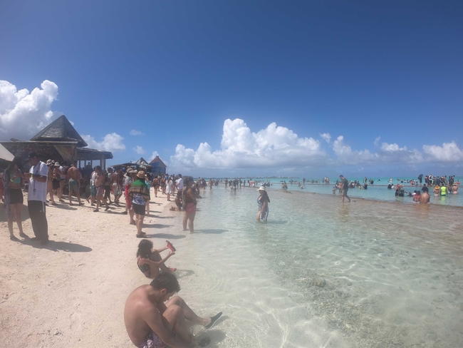 A crowded tropical beach scene with dozens of people enjoying a sunny day. Many are wading or standing in the clear, shallow turquoise water, while others walk or relax on the sandy shore. Some people are sitting in the water near the edge, and a few children are playing.