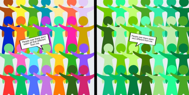 Das Bild ist vertikal in zwei Hälften geteilt, jede zeigt eine Gruppe stilisierter menschlicher Figuren mit ausgestreckten Armen in einem gitterartigen Muster. Linke Seite: Die Figuren sind in leuchtenden, vielfältigen Farben dargestellt – darunter Rot, Blau, Grün, Gelb, Pink, Orange und Lila. Eine Figur nahe der Mitte hält eine Sprechblase mit dem Text: „Die Leute da drüben scheinen gar nicht so anders zu sein als ich.“      Rechte Seite: Alle Figuren sind in verschiedenen Grüntönen gehalten, was ein einheitlicheres Erscheinungsbild erzeugt. Eine Figur in ähnlicher Position hält eine Sprechblase mit dem Text: „Die Leute da drüben scheinen ganz anders zu sein als ich.“