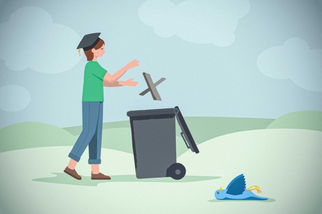 Illustration of a woman in a doctor's hat throwing the letter X into a dustbin, next to the dustbin lies a dead bird